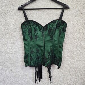 Coquette Lace Corset Bustier Womens Large Green Black Garter Straps Gothic Retro